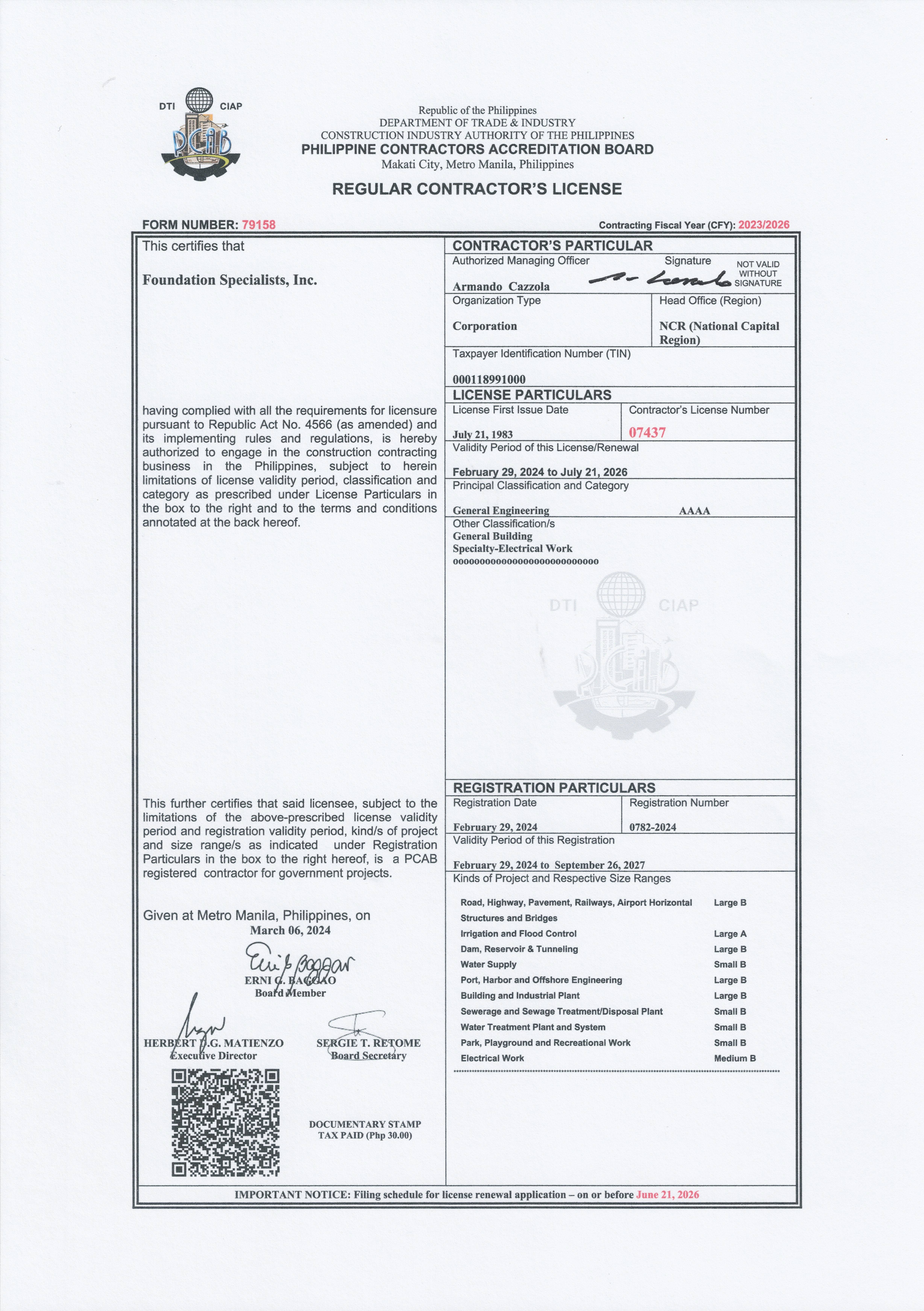 ISO 90012015 & PCAB CONTRACTOR'S LICENSE Foundation Specialists Inc.